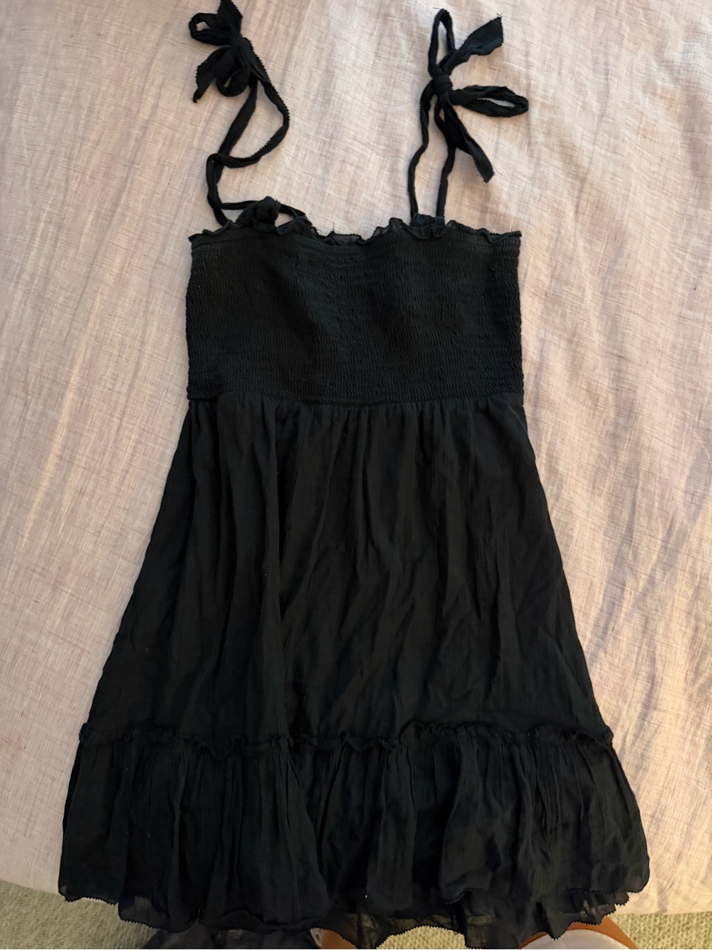 aerie Black Tie-Shoulder Smocked Sundress